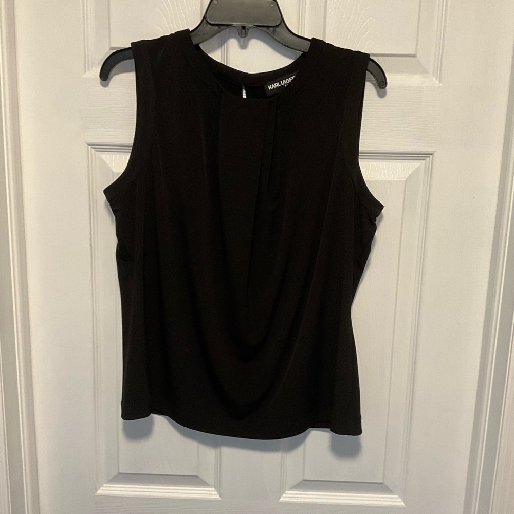 Karl Lagerfeld Paris Black Sleeveless Pleated Front Round Neck Tank/Shell Blouse